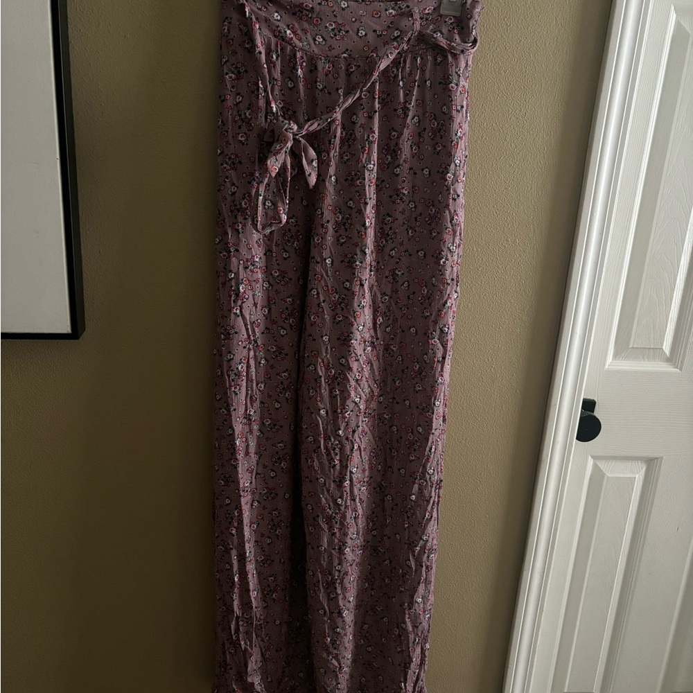 Xhilaration Crepe Floral Wide Leg High Waist Tie Front Pants Mauve Lavender
